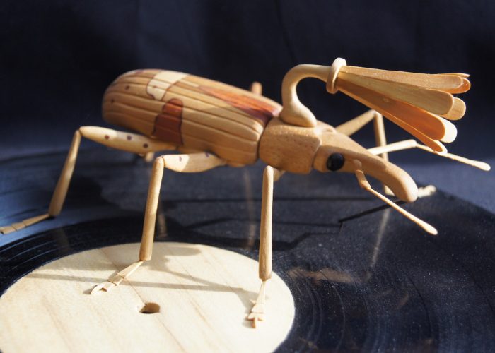 wooden sculpture of a weevil insect with gramophone horn coming out of its back