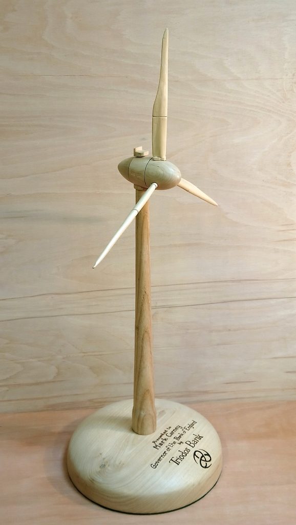 wooden model on an E-111 wind turbine presented to Mark Carney by Triodos Bank UK