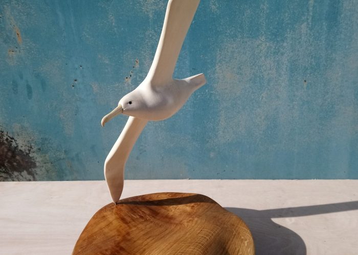 Carved wood sculpture of an albatross flying