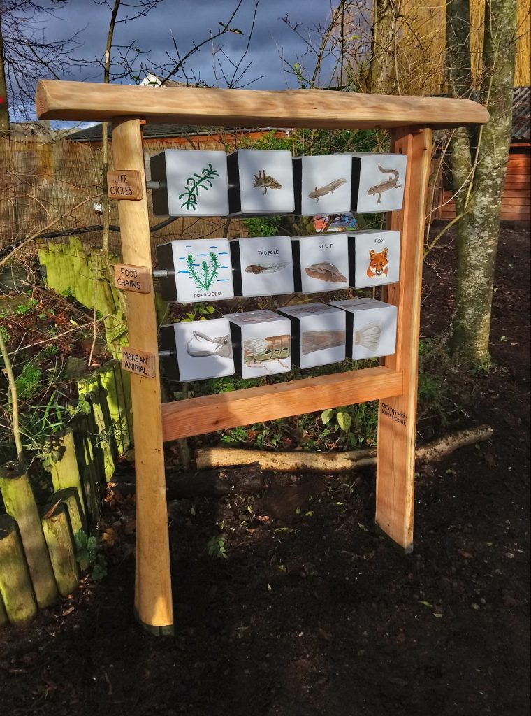 Carved and painted wooden block game at Windmill Hill City farm, Bristol